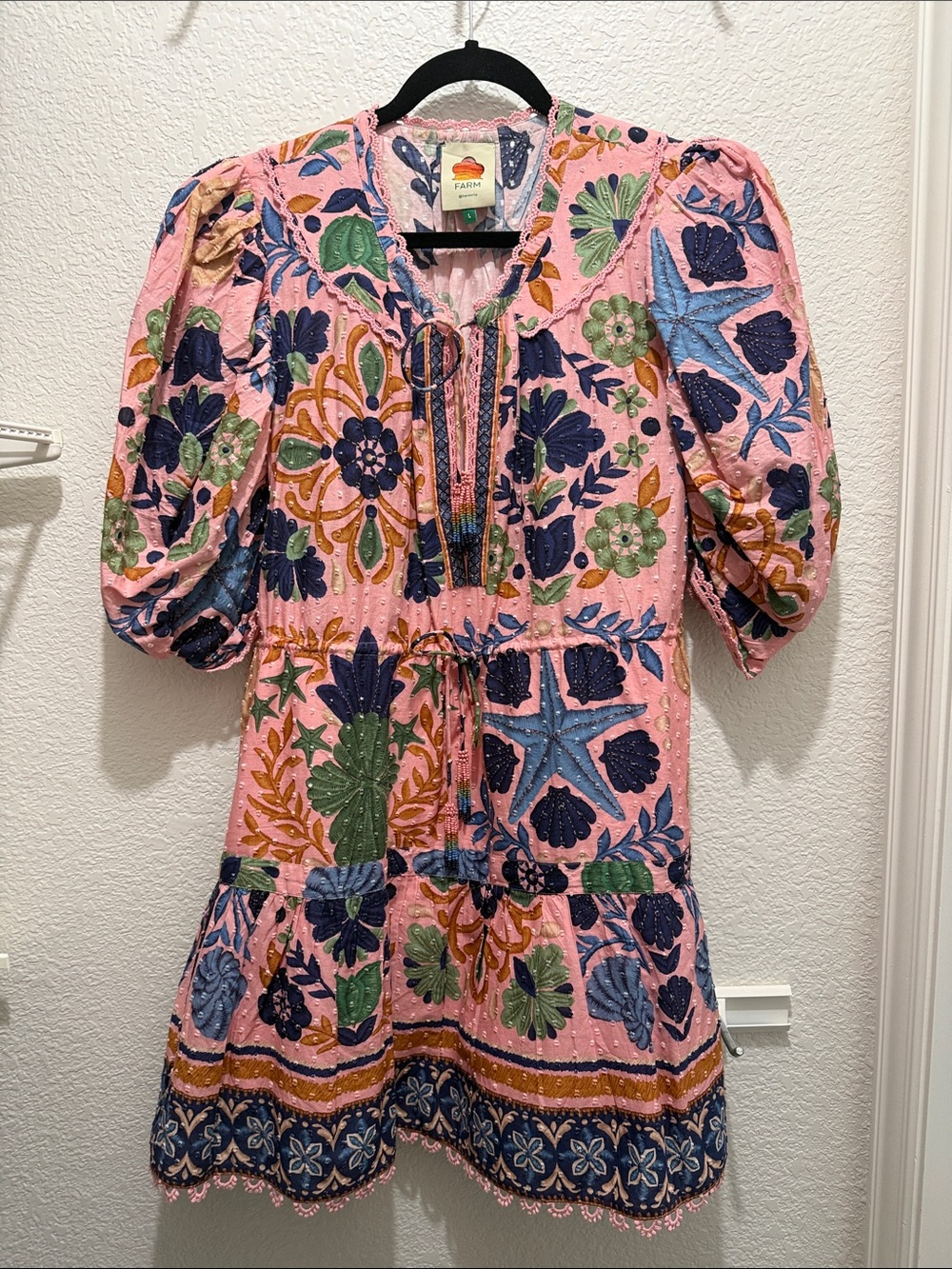 FARM Rio Pink Floral Embroidered Puff-Sleeve Mini Dress